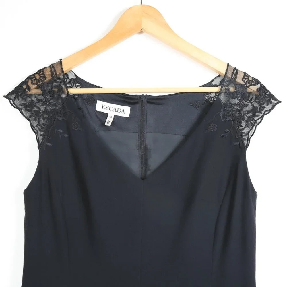 ESCADA Black Wool Blend Sheath Dress with Lace Capped Sleeves